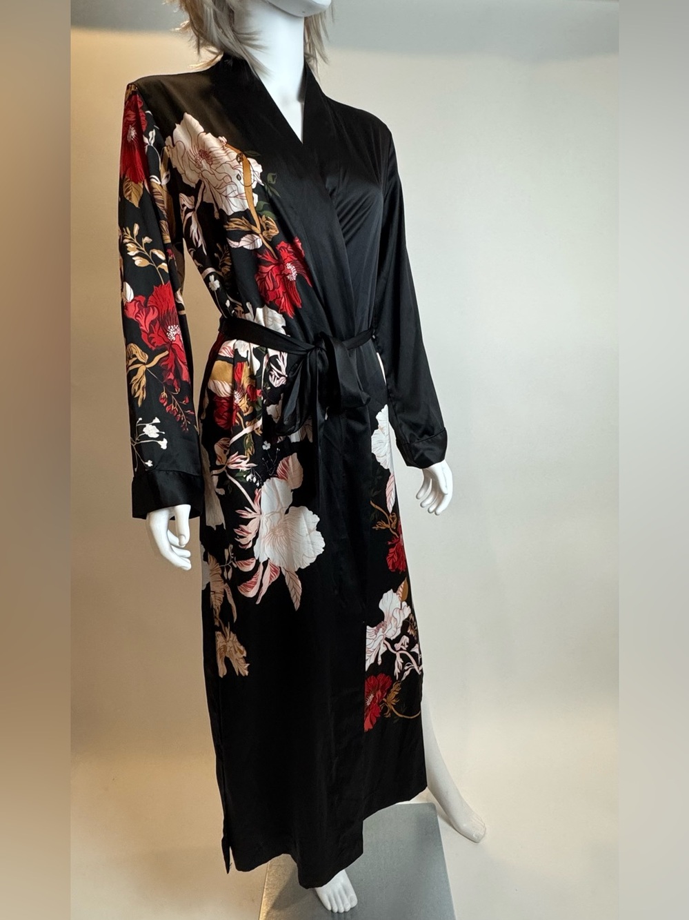 stars above Black Satin Floral Long Robe with Red and White Blooms